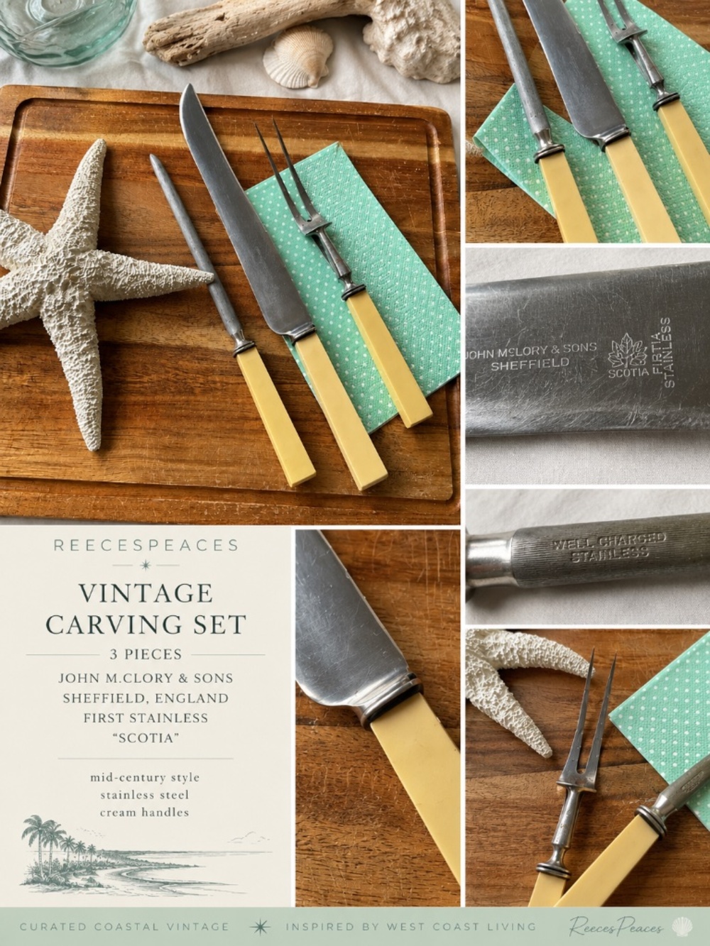 Vintage Sheffield Carving Set MCM Cream Handle 3 Pce